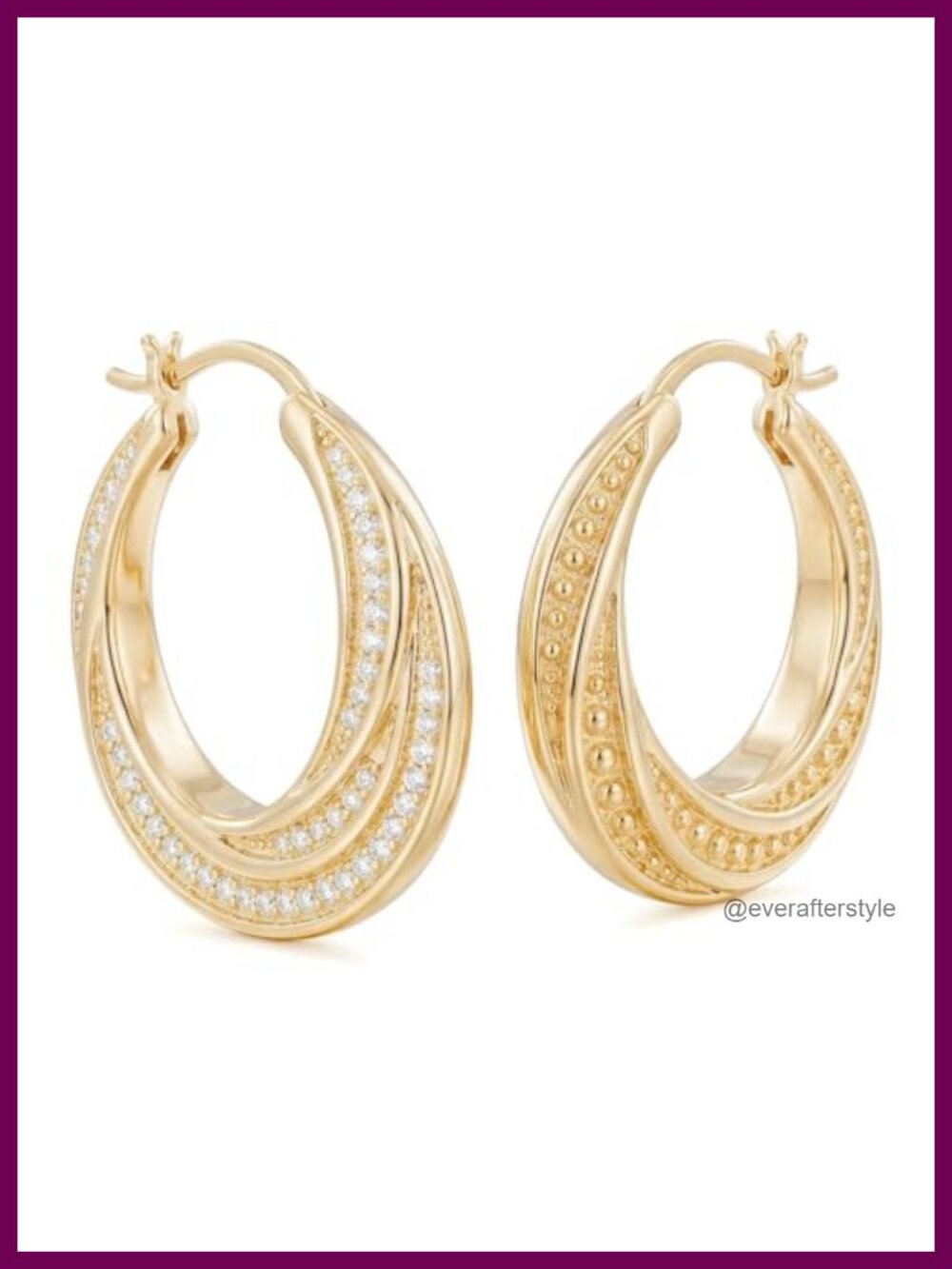 14K Gold Plated Twisted Hoop Earrings with Cubic Zirconia, Snap Closure, 22mm
